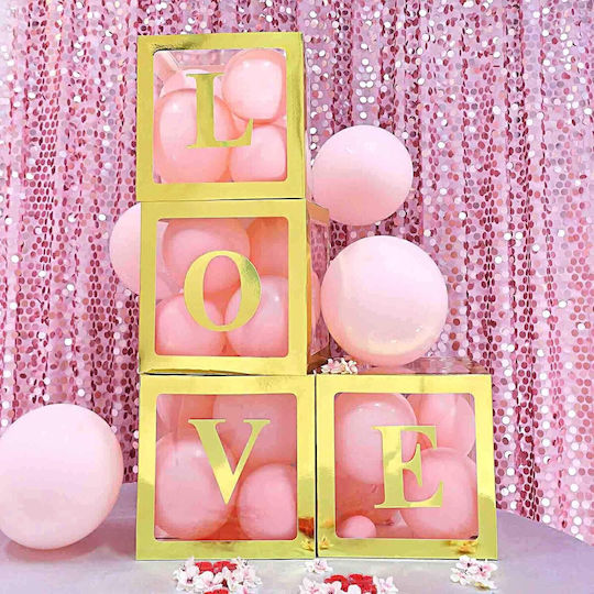 Set 4 Cutii Pentru Baloane Alista Home Model Simplu Tematică Zi De Naștere Cuburi Decorative Din Plastic Accesorii Pentru Petreceri 30 X 30 Cm Transparent Contur Auriu