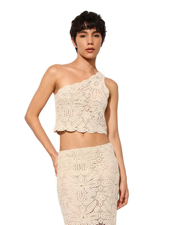 Alberte Women's Crop Top Cotton with One Shoulder Sheer Pink