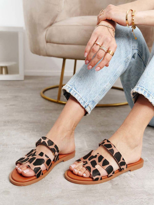 Beige Print Leather Slippers Velcro Closure