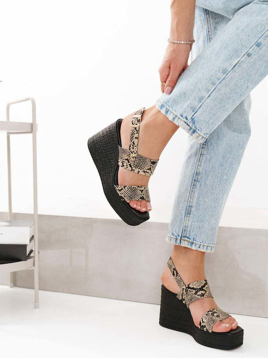 Beige Print Damenplattformen Mit Schnallen Aus Natürlichem Leder