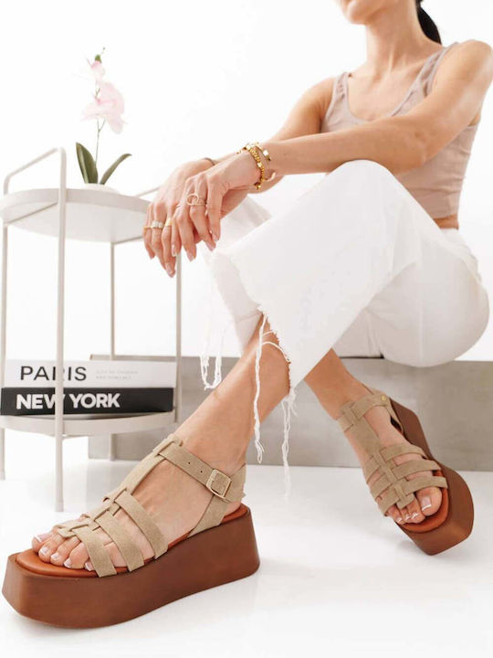 Beige Lederplattformen Cut Out Stil