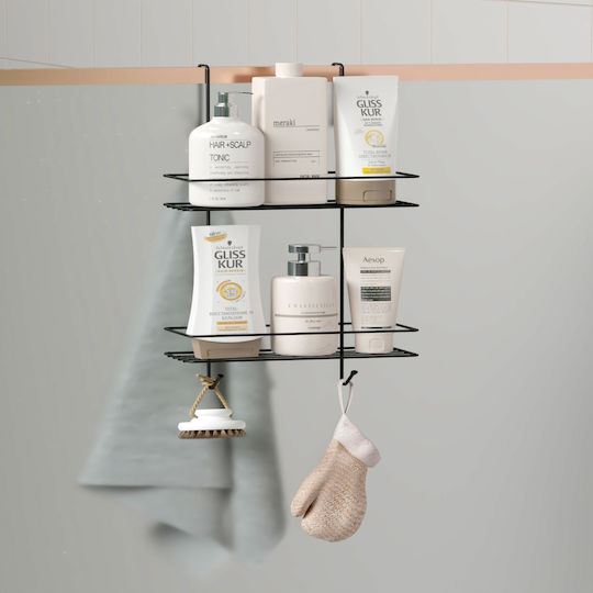 Femmit Hängendes Badezimmerregal Ohne Bohren Glas Türen Duschtüren – 2 Ebenen Badezimmerorganisation Antischimmel Schwarz Haken Shampoo Duschgel & Handtücher