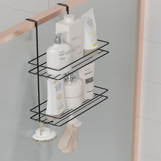 Femmit Hängendes Badezimmerregal Ohne Bohren Glas Türen Duschtüren – 2 Ebenen Badezimmerorganisation Antischimmel Schwarz Haken Shampoo Duschgel & Handtücher