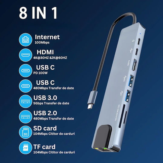 USB-C Докинг Станция с HDMI 4K PD Ethernet и Свързване на 2 Монитора Сива (ED379)