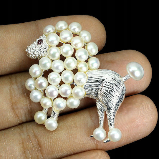 Brooch Silver Natural Pearls Garnet Poodle 925