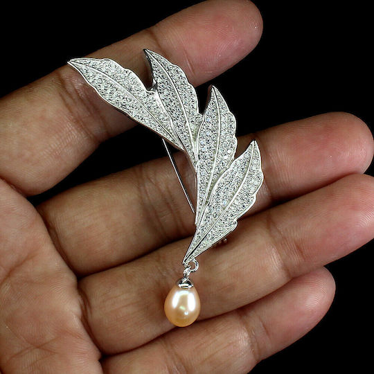 Songea Silber Brosche Natürliche Cremige Perle Zirkonia Blatt 925