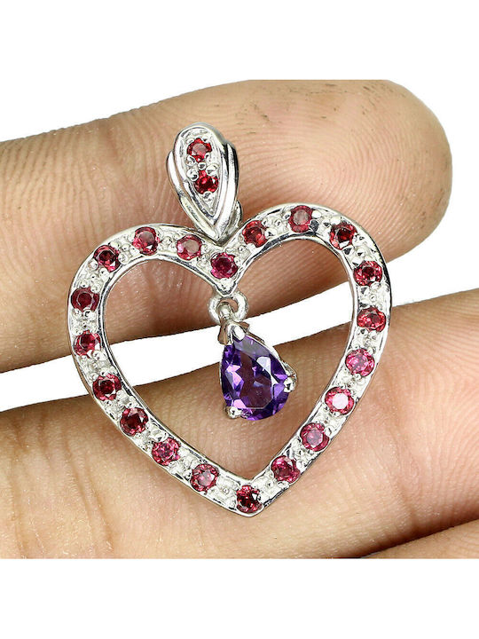 Silver Heart Pendant Natural Garnets Amethyst Silver Heart Pendant Natural Garnets Amethyst