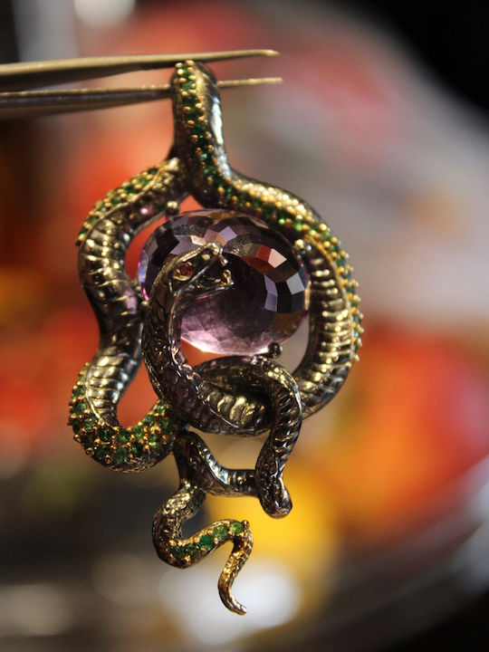 Artistic Silver Snake Pendant Natural Amethyst Diopside Garnet