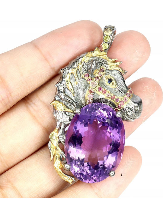 Stunning 925 Pendant Natural Large Amethyst Sapphires Rubies Horse Stunning 925 Pendant Natural Large Amethyst Sapphires Rubies Horse