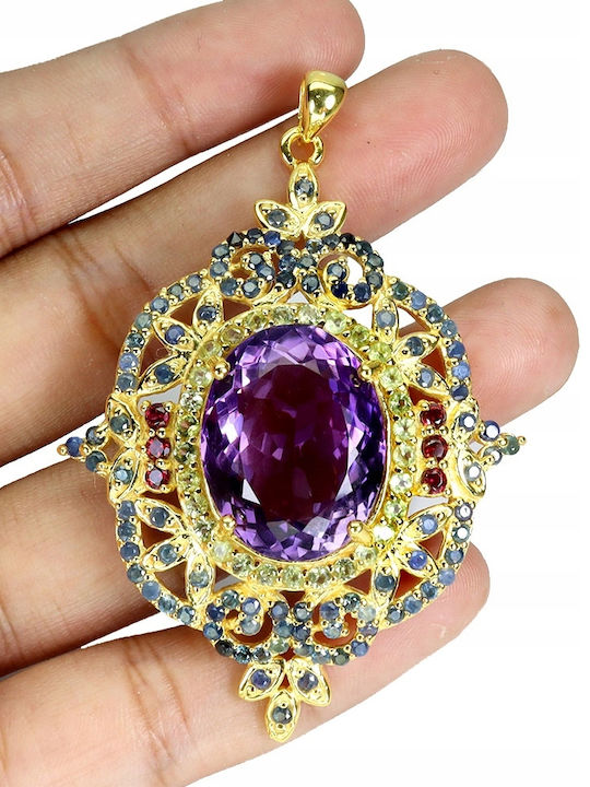 Spectacular Silver Pendant Natural Amethyst Peridot Sapphires Garnets 925 Spectacular Silver Pendant Natural Amethyst Peridot Sapphires Garnets 925