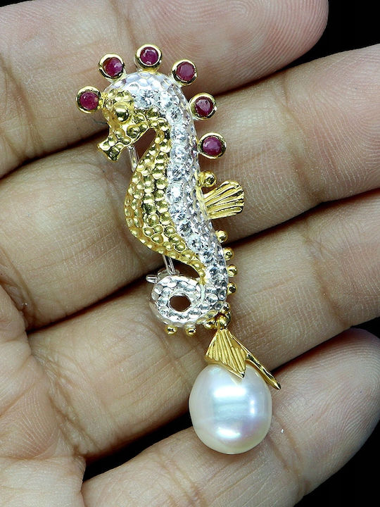 925 Stunning Pendant Brooch Natural Myanmar Rubies Pearl Seahorse