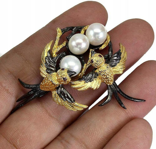 Brooch Silver Birds Natural Pearls Garnets 925