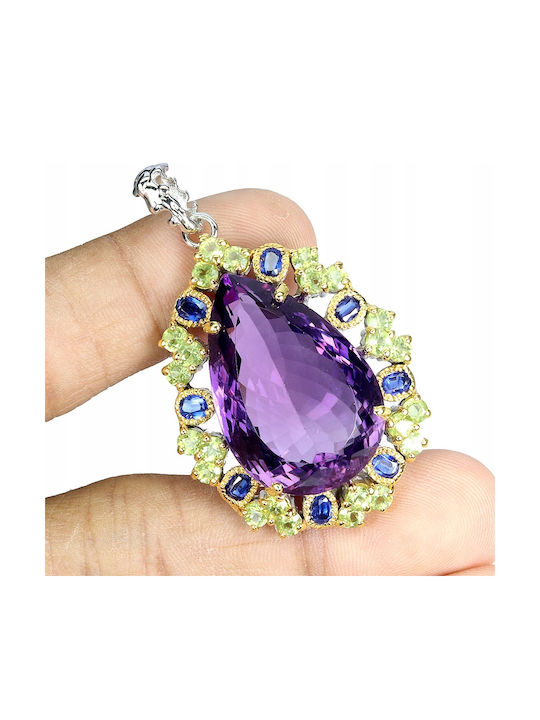 Spectacular Silver Pendant Natural 47ct Amethyst Olivine Kyanite