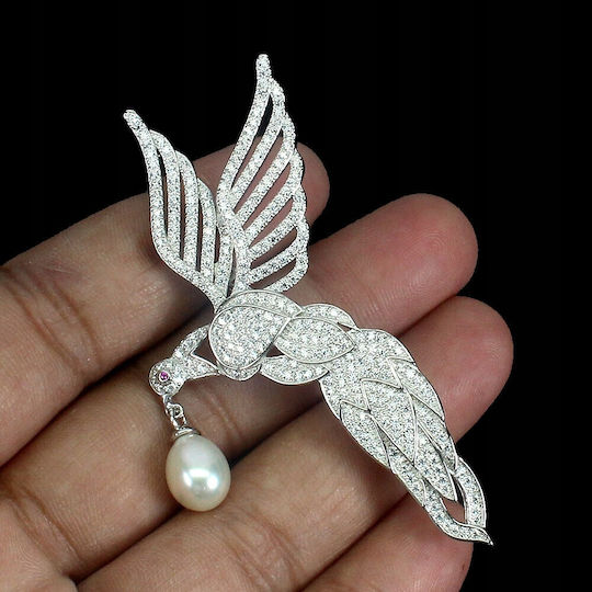 Silver Brooch Natural Cream Pearl Zircon Bird 925