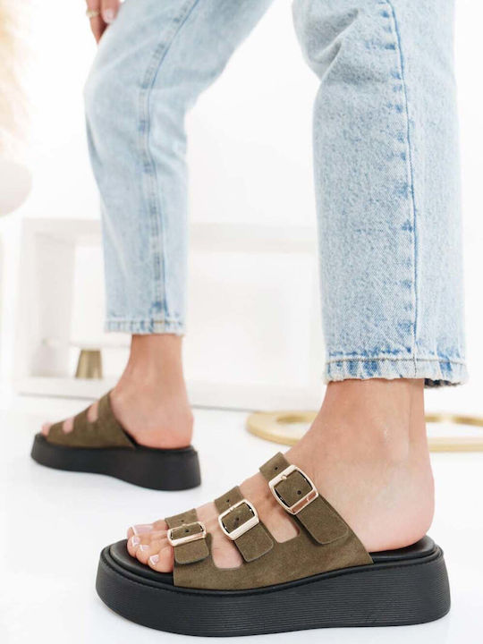 Λαδί Flatform Παντόφλες Καστόρι Τριπλές Αγκράφες
