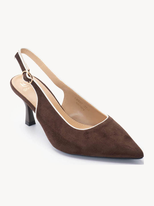 Pantofi Cu Toc Maro De Catifea Slingback Cu Linia Ascuțită