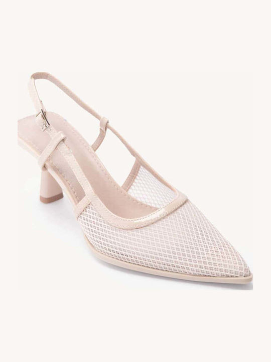 Pantofi Cu Toc Bej Slingback Din Plasă Perforată