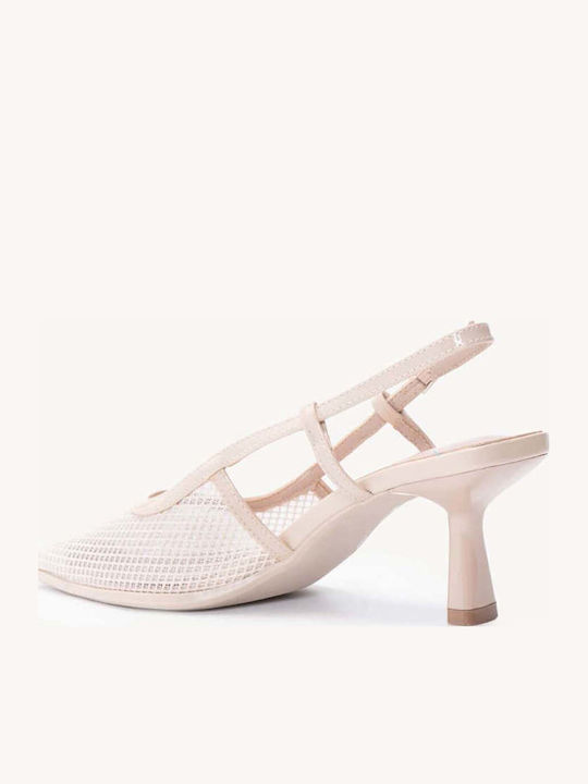 Pantofi Cu Toc Bej Slingback Din Plasă Perforată