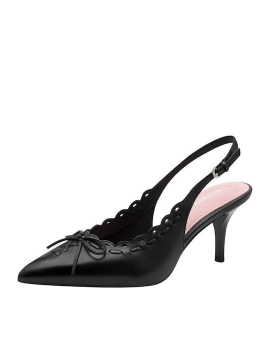 Leather Pointed Toe Heels with Strap & Mid Heel Black
