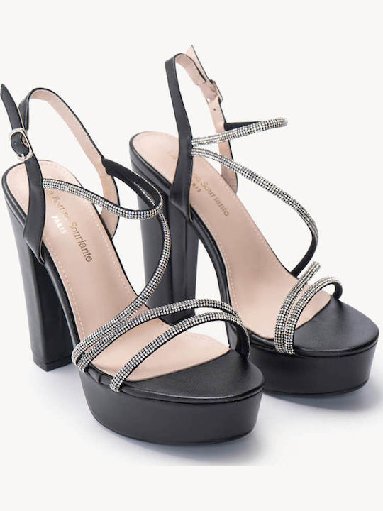 Sandale Elegante Damă Negre Cu Toc Înalt Cu Strasuri Curele Subțiri Fără Cataramă