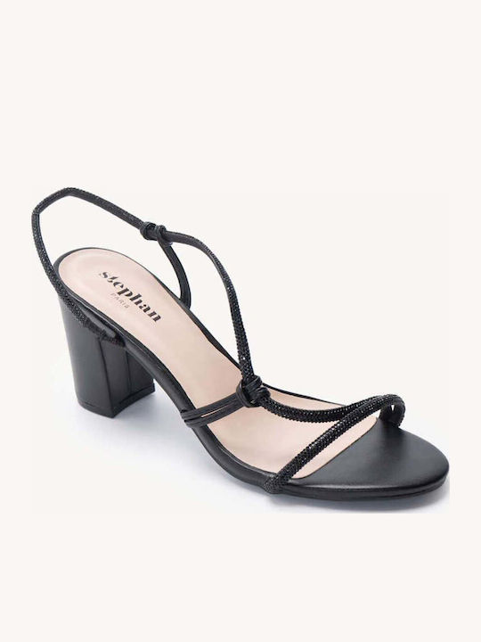 Schwarze Damen Sandalen mit Riemen Strass Blockabsatz