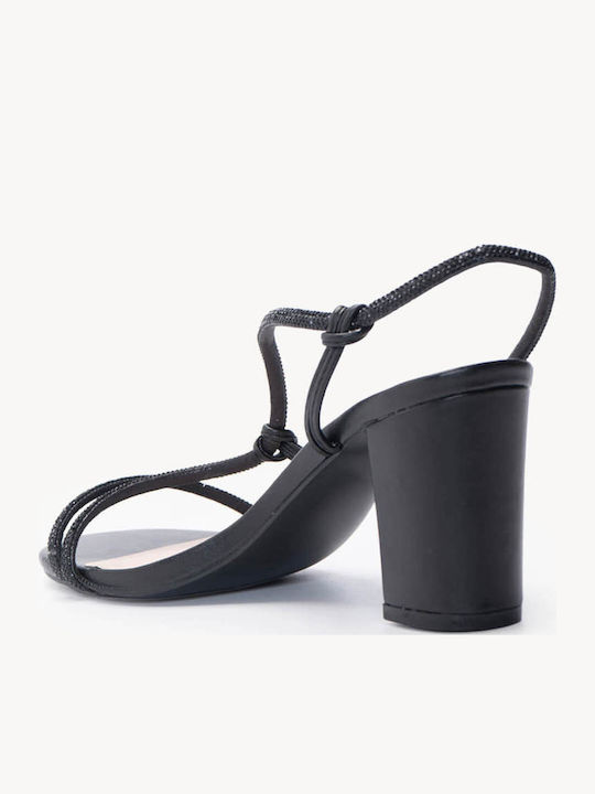 Schwarze Damen Sandalen mit Riemen Strass Blockabsatz