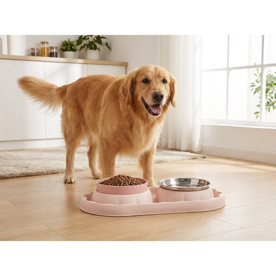 Bol Din Plastic Pentru Hrană și Apă cu Hrănire Lentă Pentru Câine cu Suport 2x 36cm în Culoare Roz