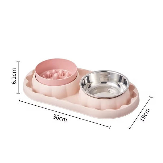 Bol Din Plastic Pentru Hrană și Apă cu Hrănire Lentă Pentru Câine cu Suport 2x 36cm în Culoare Roz