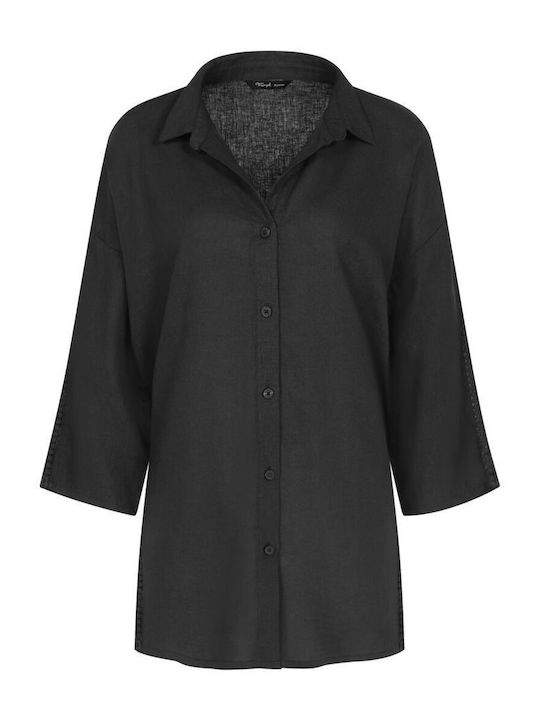 Summer Wear Boyfriend Long Sleeve Women's Linen Shirt Black