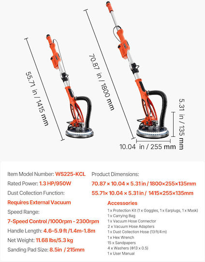 Vevor Șlefuitor Telescopic de Perete 950W GSGQSGJDLEDDADYBZ001V2