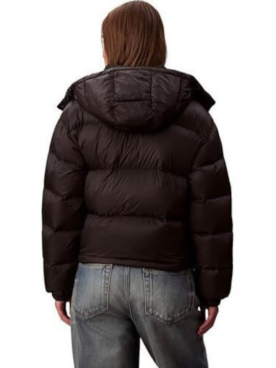Women's Short Puffer Jacket for Winter with Hood Black