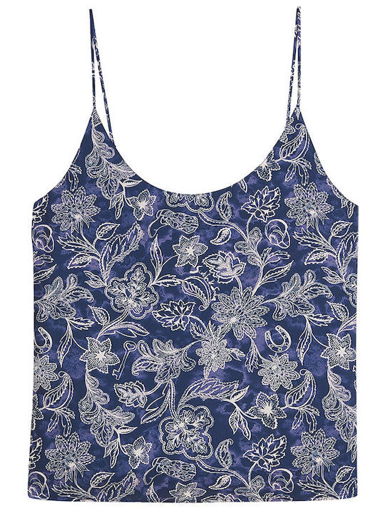 Women's Satin Top with Spaghetti Straps Floral Blue
