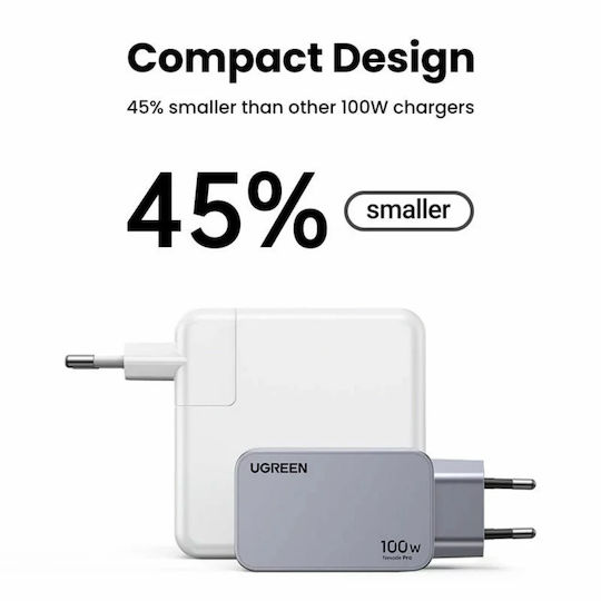 Ugreen Charger GaN with USB-A Port and 2 USB-C Ports and Cable USB-C - USB-C 100W Power Delivery / Quick Charge 4+ Gray (Nexode Pro)