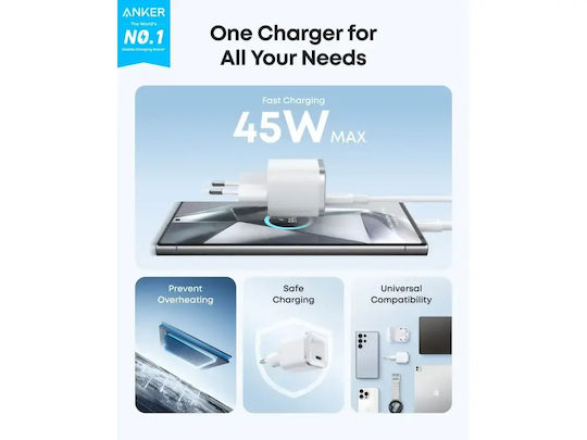 Anker Φορτιστής Χωρίς Καλώδιο GaN με Θύρα USB-C 45W Power Delivery Λευκός (Nano)
