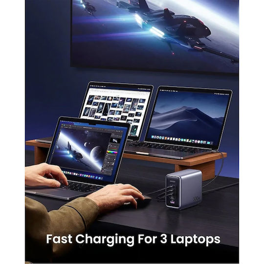 Ugreen Βάση Φόρτισης GaN με Θύρα USB-A και 4 Θύρες USB-C 300W Power Delivery σε Μαύρο χρώμα (Nexode)