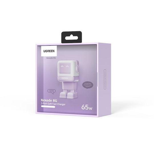 Ugreen Charger Without Cable GaN with USB-A Port and 2 USB-C Ports 65W Power Delivery / Quick Charge 4.0 Purple (Robot)