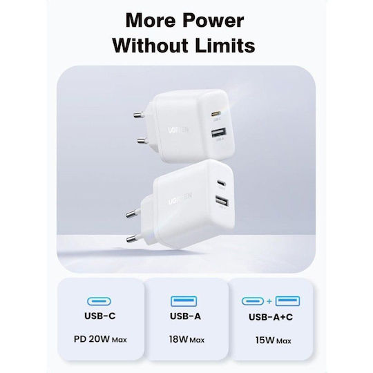 Ugreen Charger Without Cable with USB-A Port and USB-C Port 20W Quick Charge 4.0 Whites (X227)