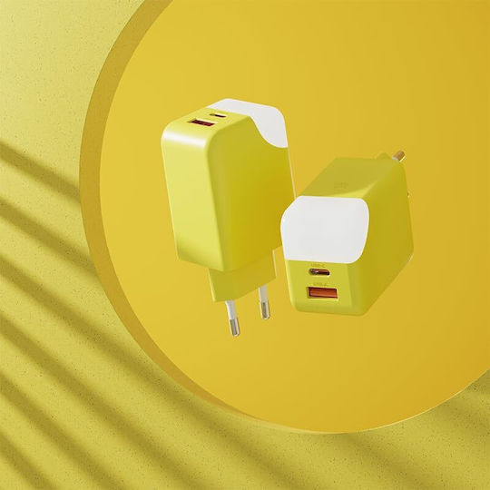 Xoopar Charger Without Cable GaN with USB-A Port and USB-C Port 65W Power Delivery Yellows (Ice-G)