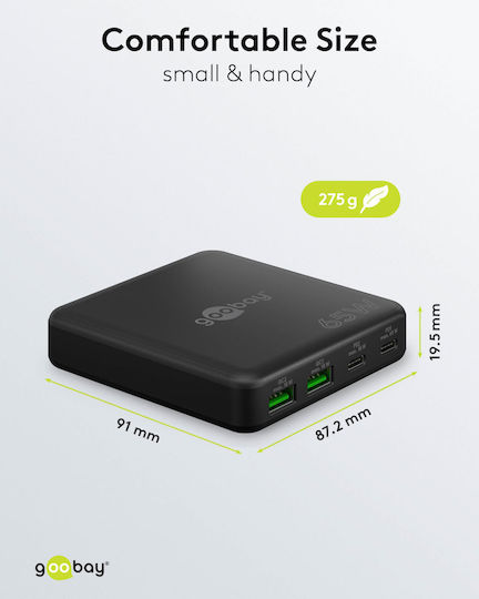 Goobay Βάση Φόρτισης GaN με 2 Θύρες USB-A και 2 Θύρες USB-C 65W Power Delivery σε Μαύρο χρώμα (65813)