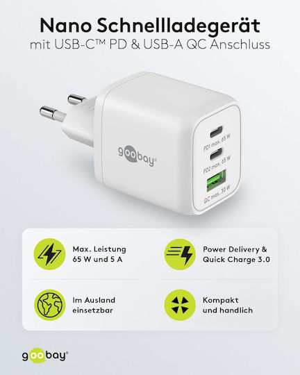 Goobay Φορτιστής Χωρίς Καλώδιο με Θύρα USB-A και 2 Θύρες USB-C 65W Power Delivery Λευκός (64754)