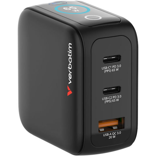 Verbatim Charger Without Cable GaN with USB-A Port and 2 USB-C Ports 65W Power Delivery / Quick Charge 3.0 Blacks (30238)
