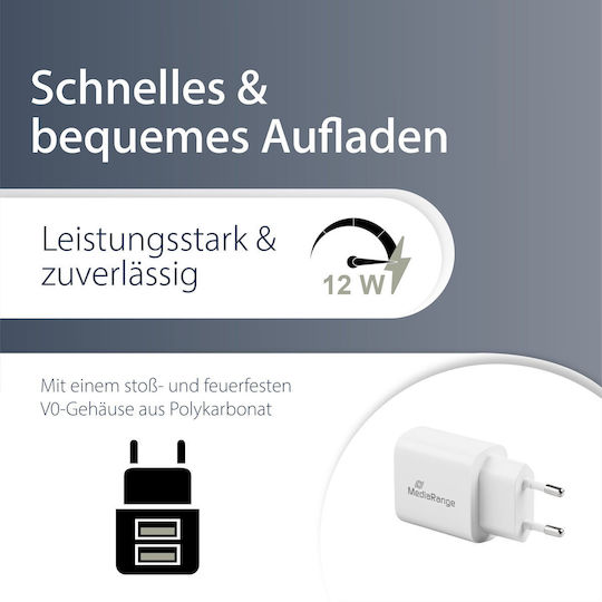 MediaRange Ladegerät ohne Kabel mit 2 USB-A Anschlüsse 12W Weißs (MRMA114)