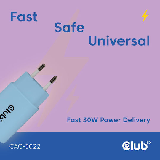 Club3D Charger Without Cable with USB-C Port 30W Power Delivery Blue (CAC-3022)