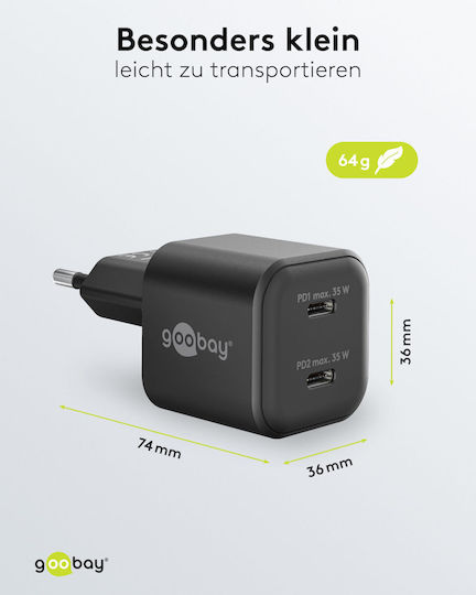Goobay Φορτιστής Χωρίς Καλώδιο GaN με 2 Θύρες USB-C 35W Power Delivery Μαύρος (75333)