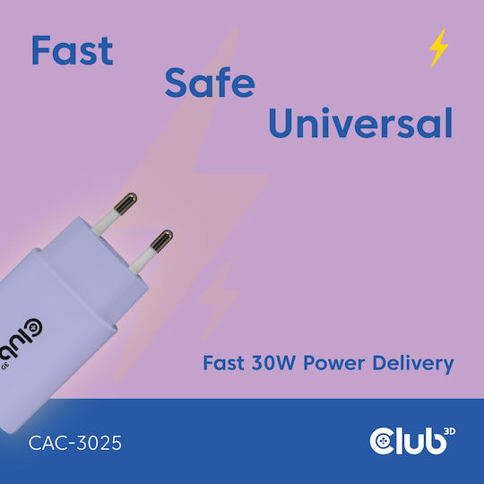 Club3D Ladegerät ohne Kabel mit USB-C Anschluss 30W Stromlieferung Lila (CAC-3025)