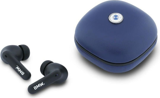 BMW Leather Metal Logo In-ear Bluetooth Handsfree Headphones with Blue Charging Case