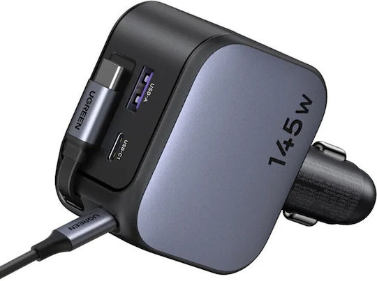 Ugreen Car Charger 145W 3A Fast Charging with Ports: 1xUSB 1xType-C with Cable Embedded Gray Color