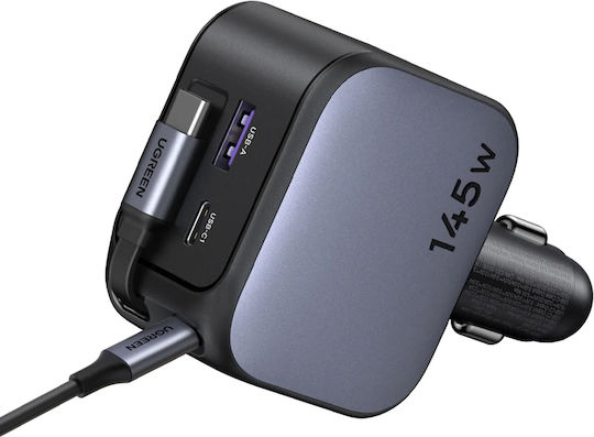 Ugreen Car Charger 145W 3A Fast Charging with Ports: 1xUSB 1xType-C with Cable Embedded Gray Color
