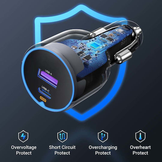 Ugreen EC701 Φορτιστής Αυτοκινήτου 63W με Θύρες: 1xUSB 1xType-C Μαύρο Χρώμα