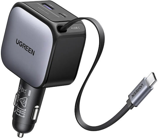 Ugreen Зарядно за кола 60W 3Спецификация Бързо Зареждане с Портове: 1xUSB 1xType-C заедно с Кабел Вграден Сив Цвят